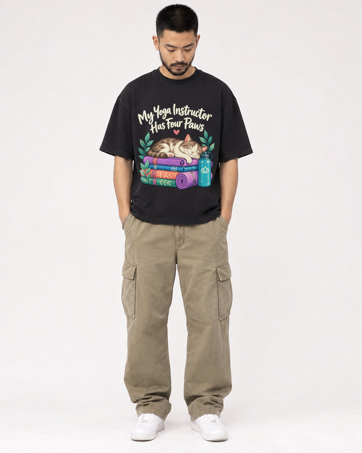 Mockup Boxy Heavyweight Tee Black male full-body 32