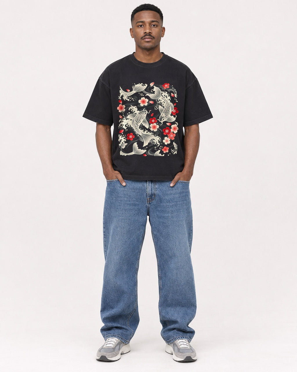 Mockup Boxy Heavyweight Tee Black male full-body 14