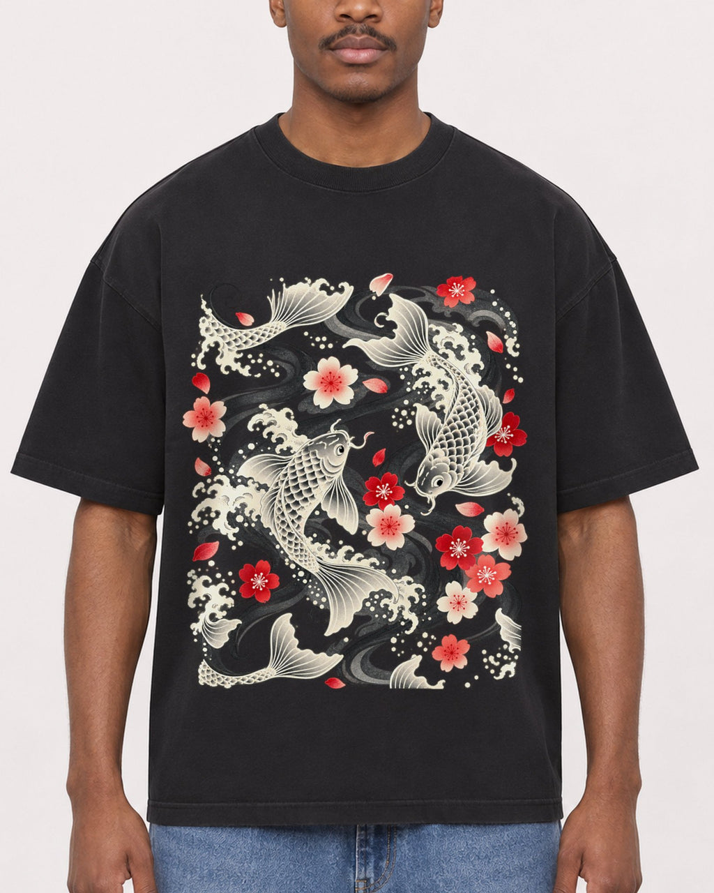 Mockup Boxy Heavyweight Tee Black male close-up 14