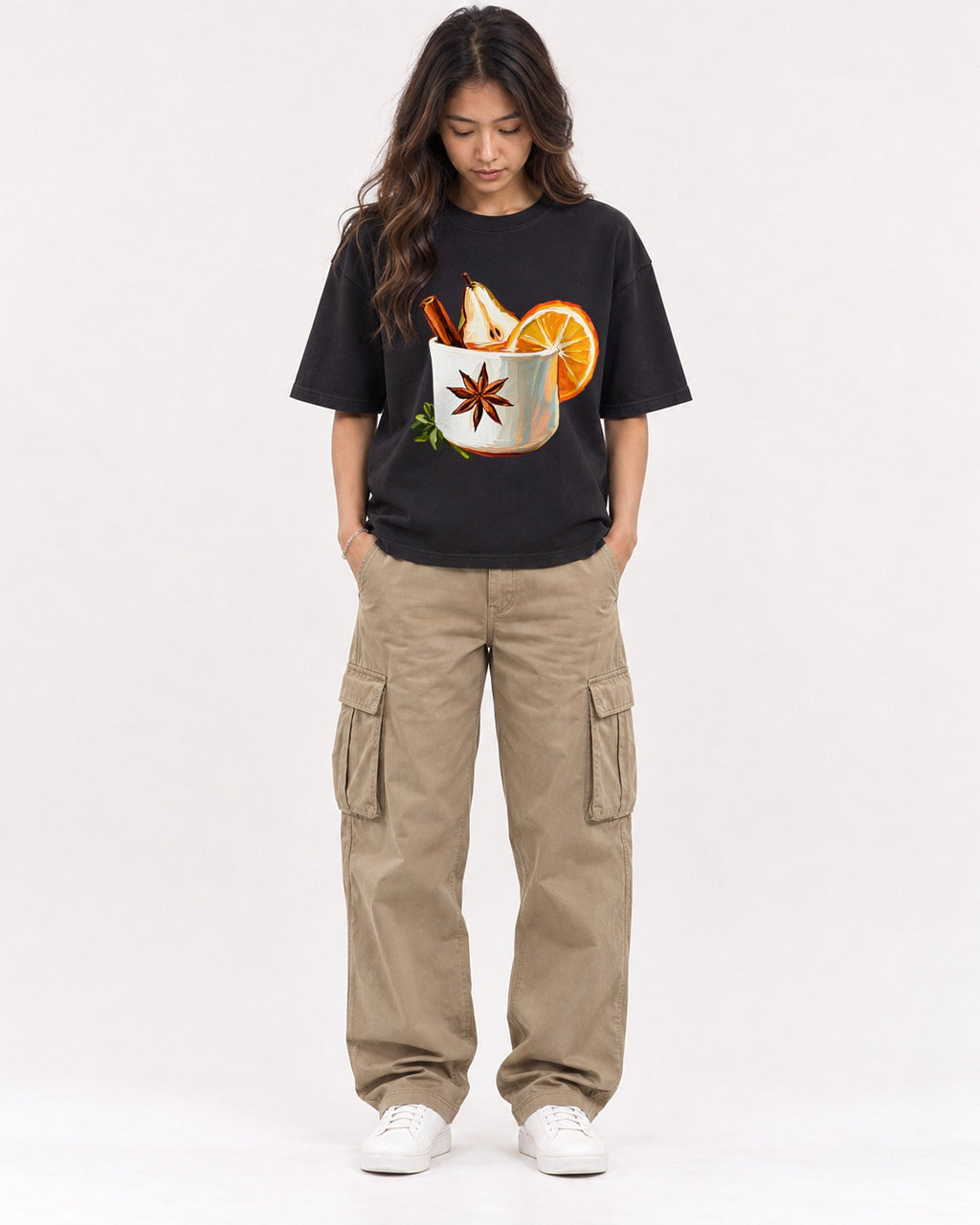 Mockup Boxy Heavyweight Tee Black female full-body 02