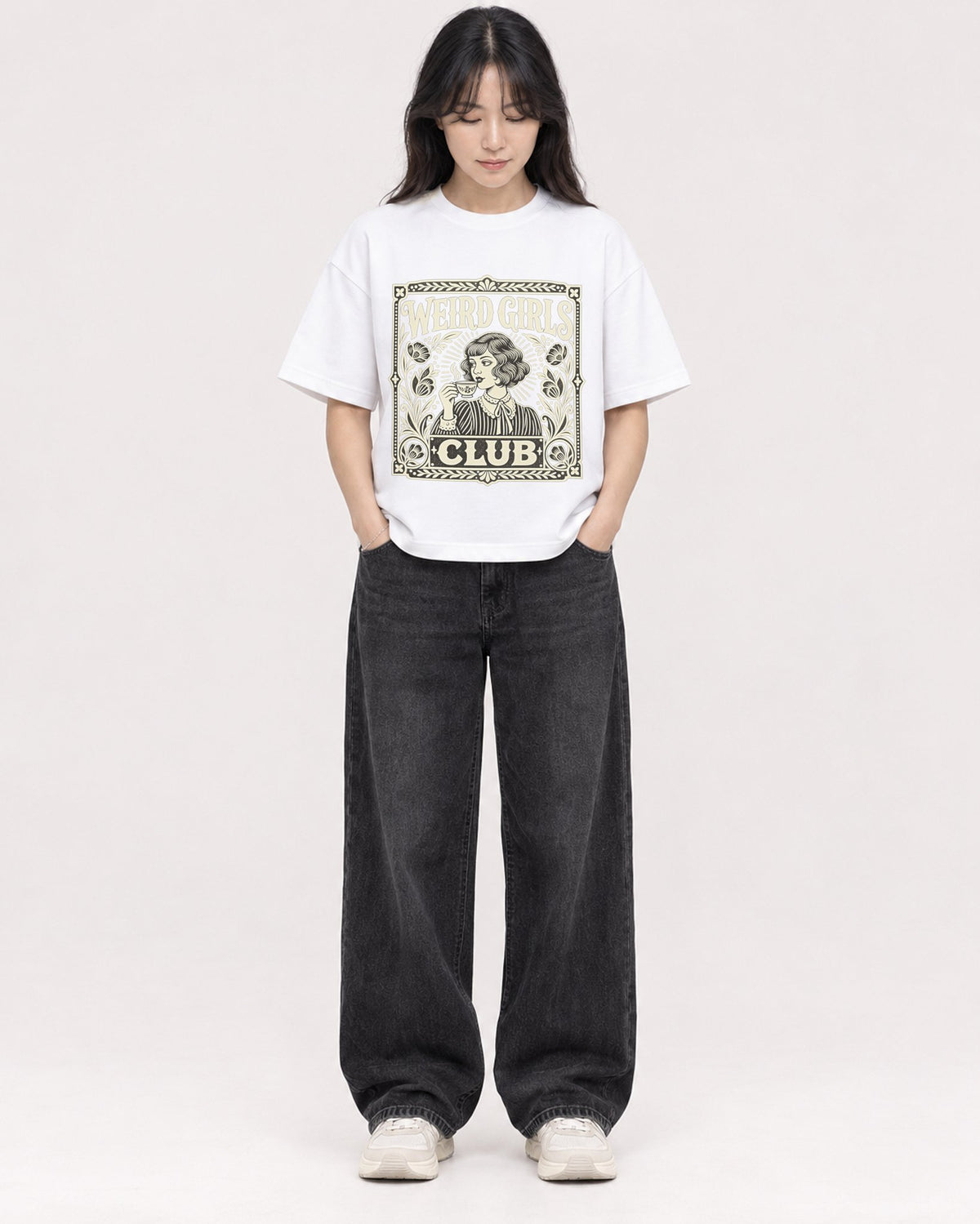 Mockup Boxy Heavyweight Tee White female full-body 13