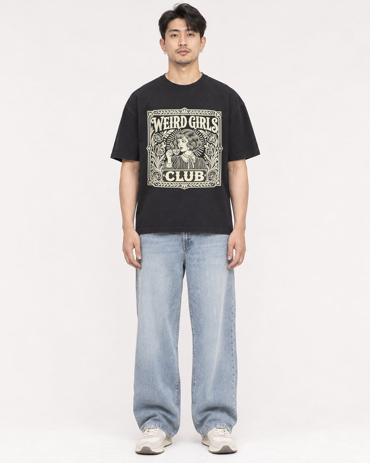 Mockup Boxy Heavyweight Tee Black male full-body 13