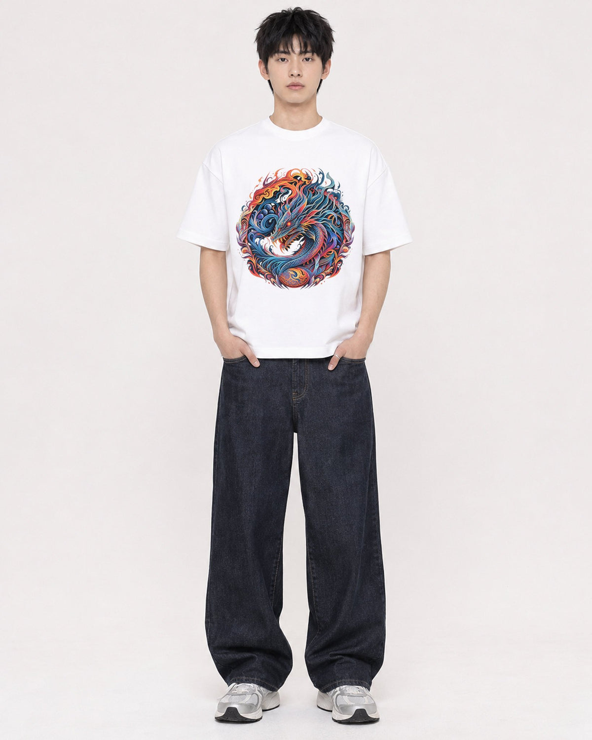 Mockup Boxy Heavyweight Tee White male full-body 01