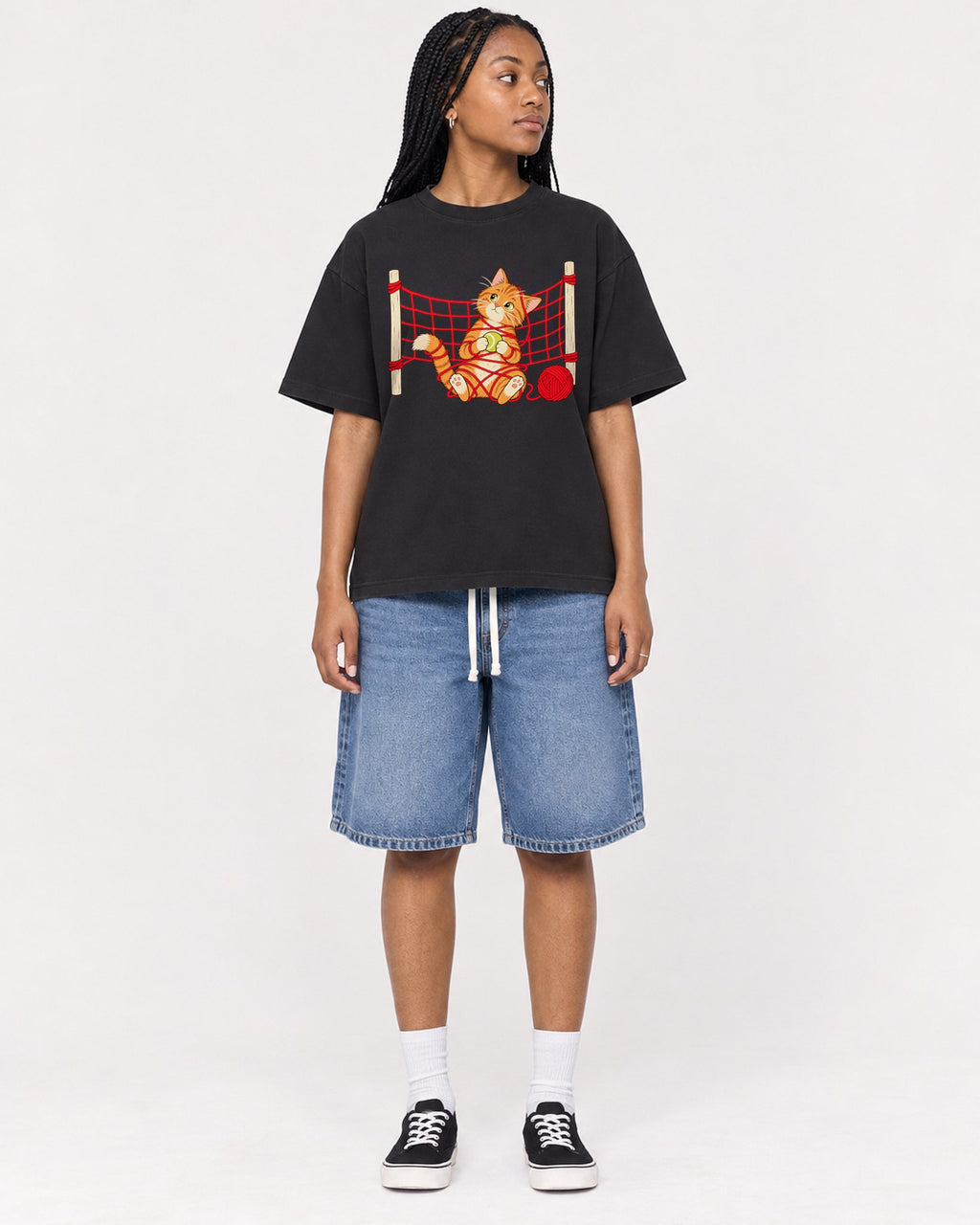 Mockup Boxy Heavyweight Tee Black female full-body 45