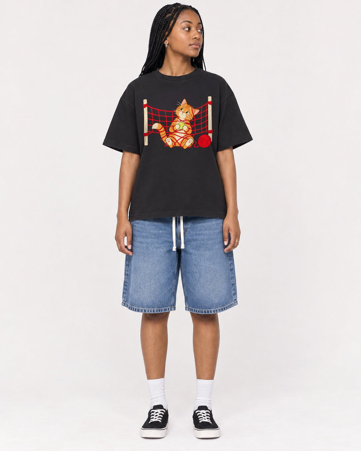 Mockup Boxy Heavyweight Tee Black female full-body 45