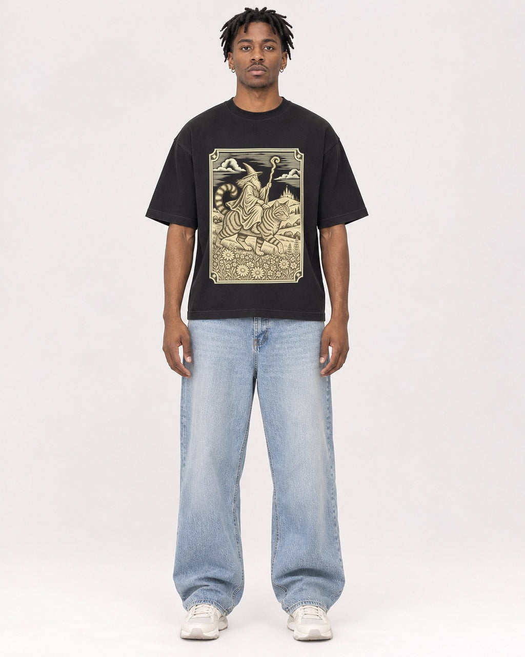Mockup Boxy Heavyweight Tee Black male full-body 05