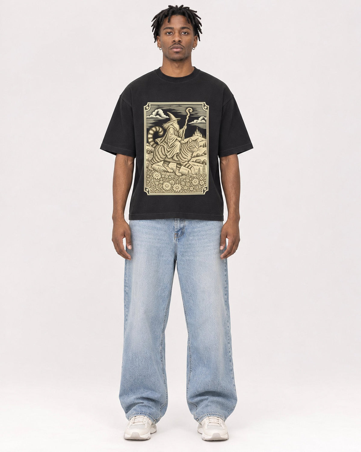 Mockup Boxy Heavyweight Tee Black male full-body 05