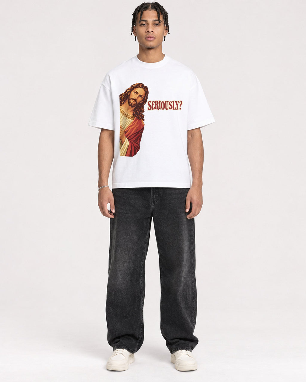 Mockup Boxy Heavyweight Tee White male full-body 40