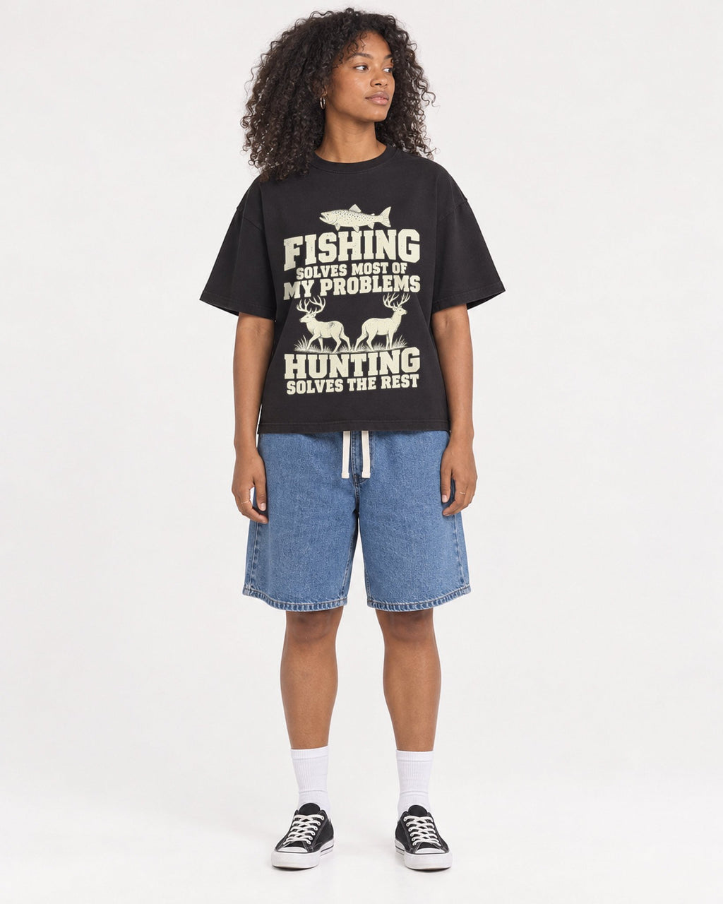 Mockup Boxy Heavyweight Tee Black female full-body 05