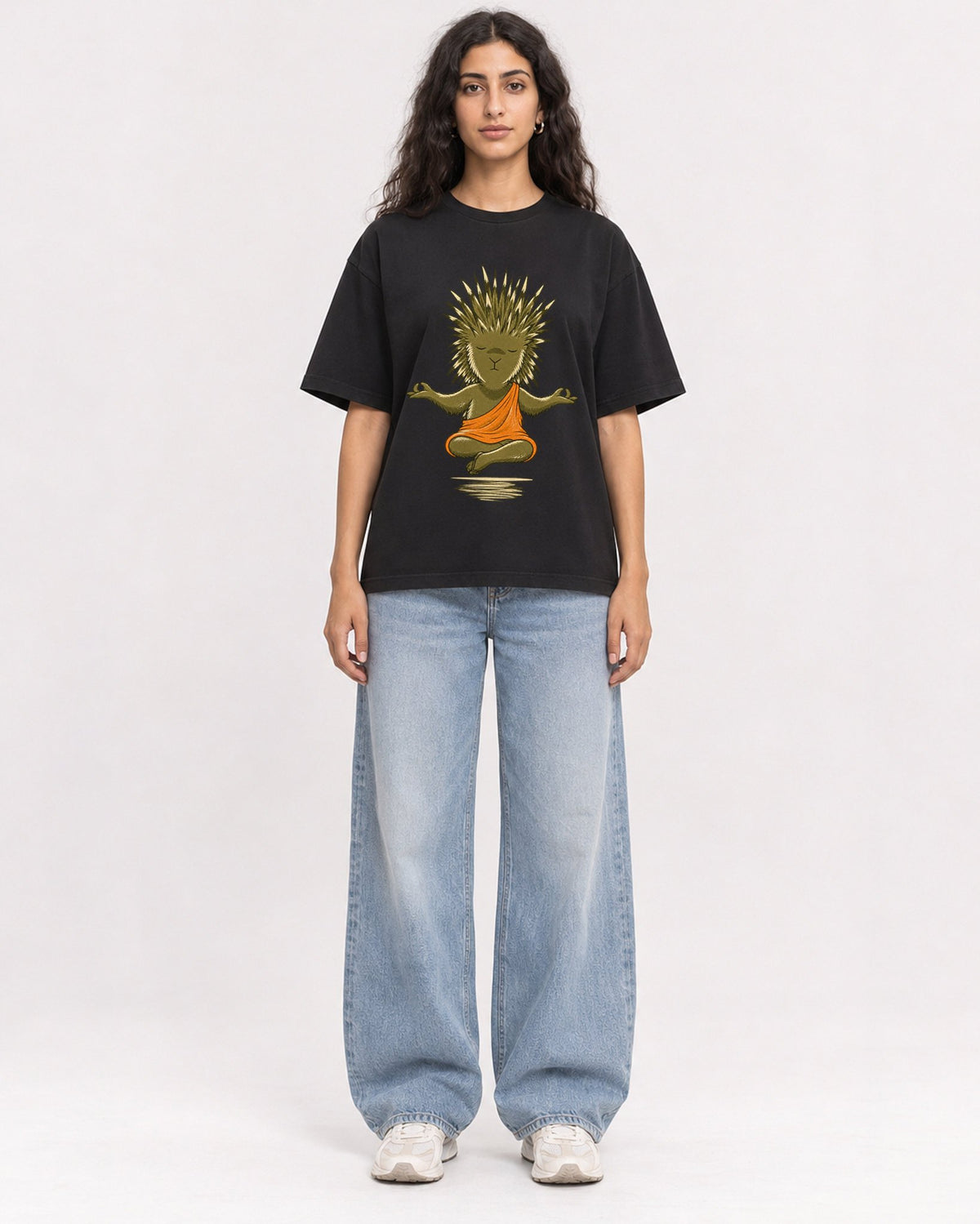 Mockup Boxy Heavyweight Tee Black female full-body 07