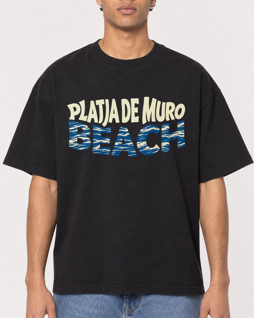 Mockup Boxy Heavyweight Tee Black male close-up 10