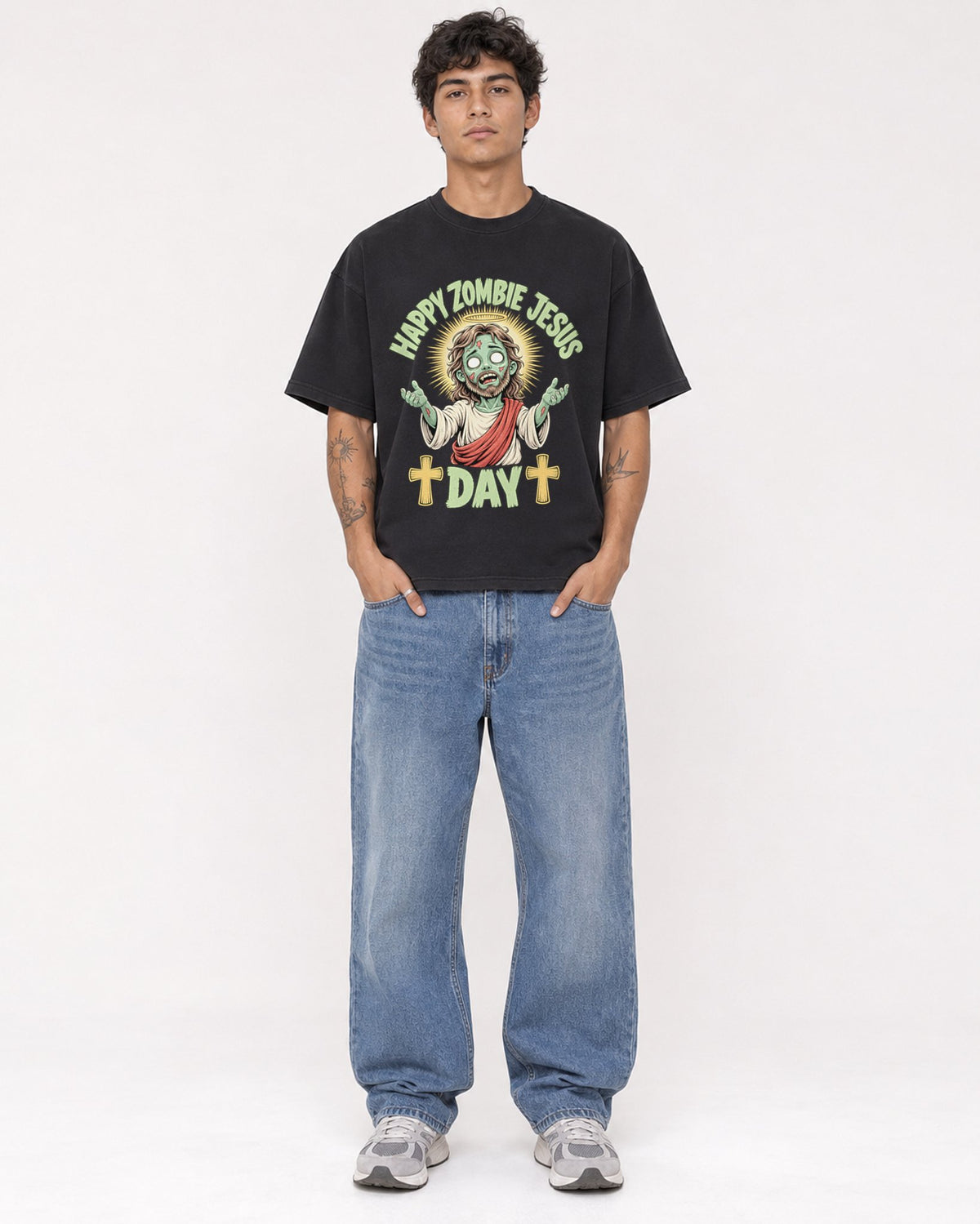 Mockup Boxy Heavyweight Tee Black male full-body 06