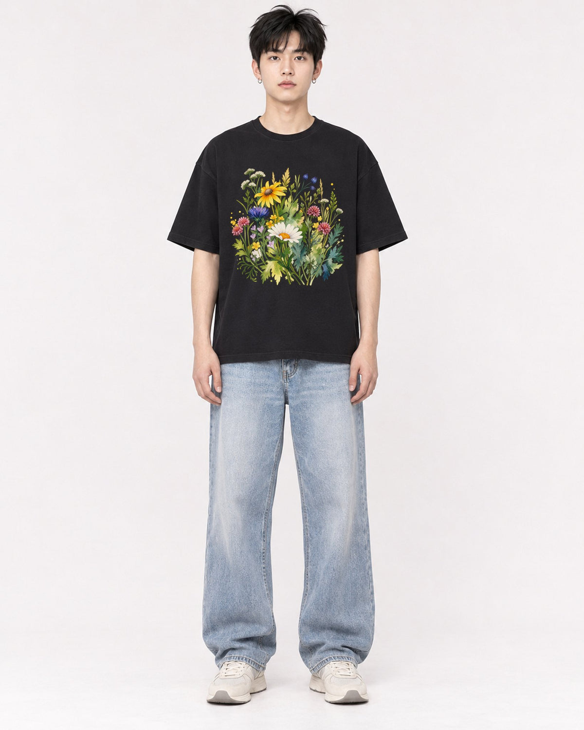 Mockup Boxy Heavyweight Tee Black male full-body 01