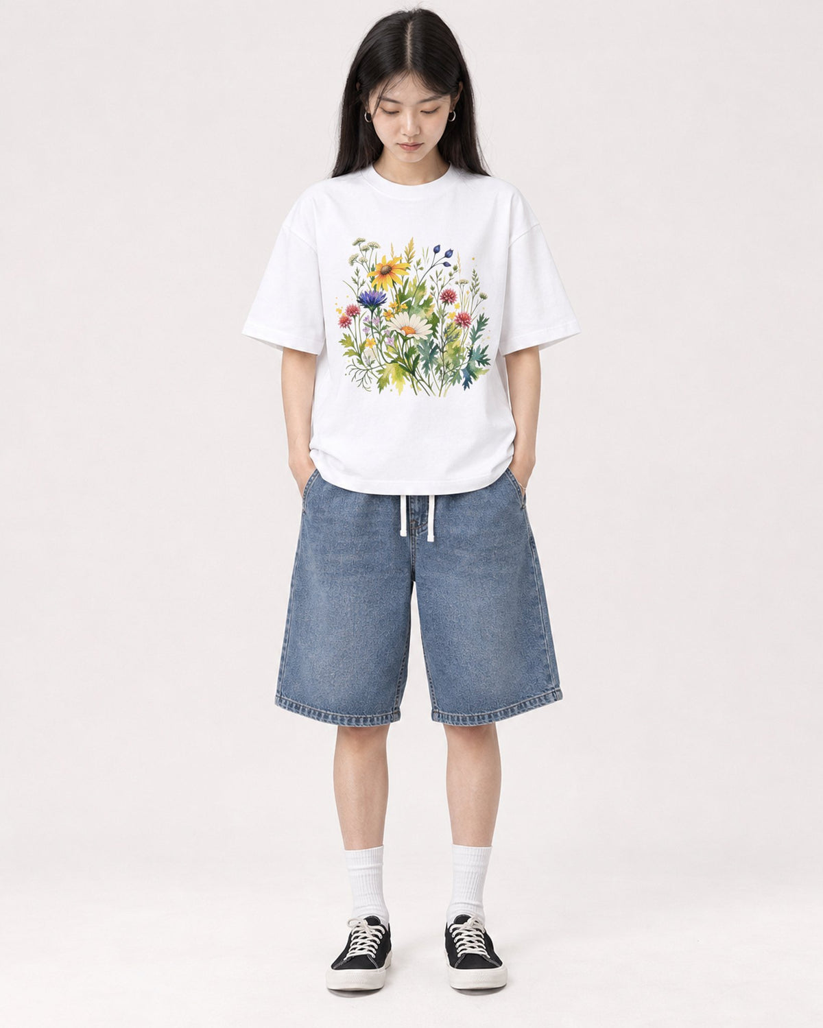 Mockup Boxy Heavyweight Tee White female full-body 01