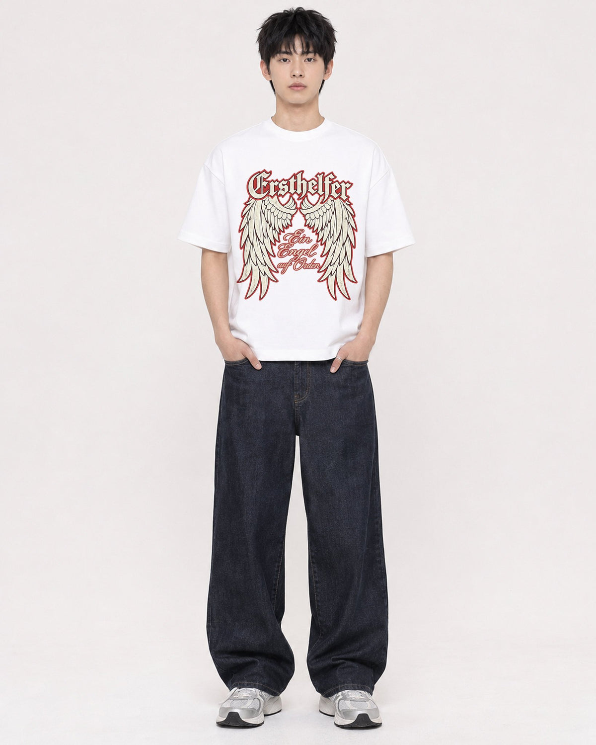 Mockup Boxy Heavyweight Tee White male full-body 01