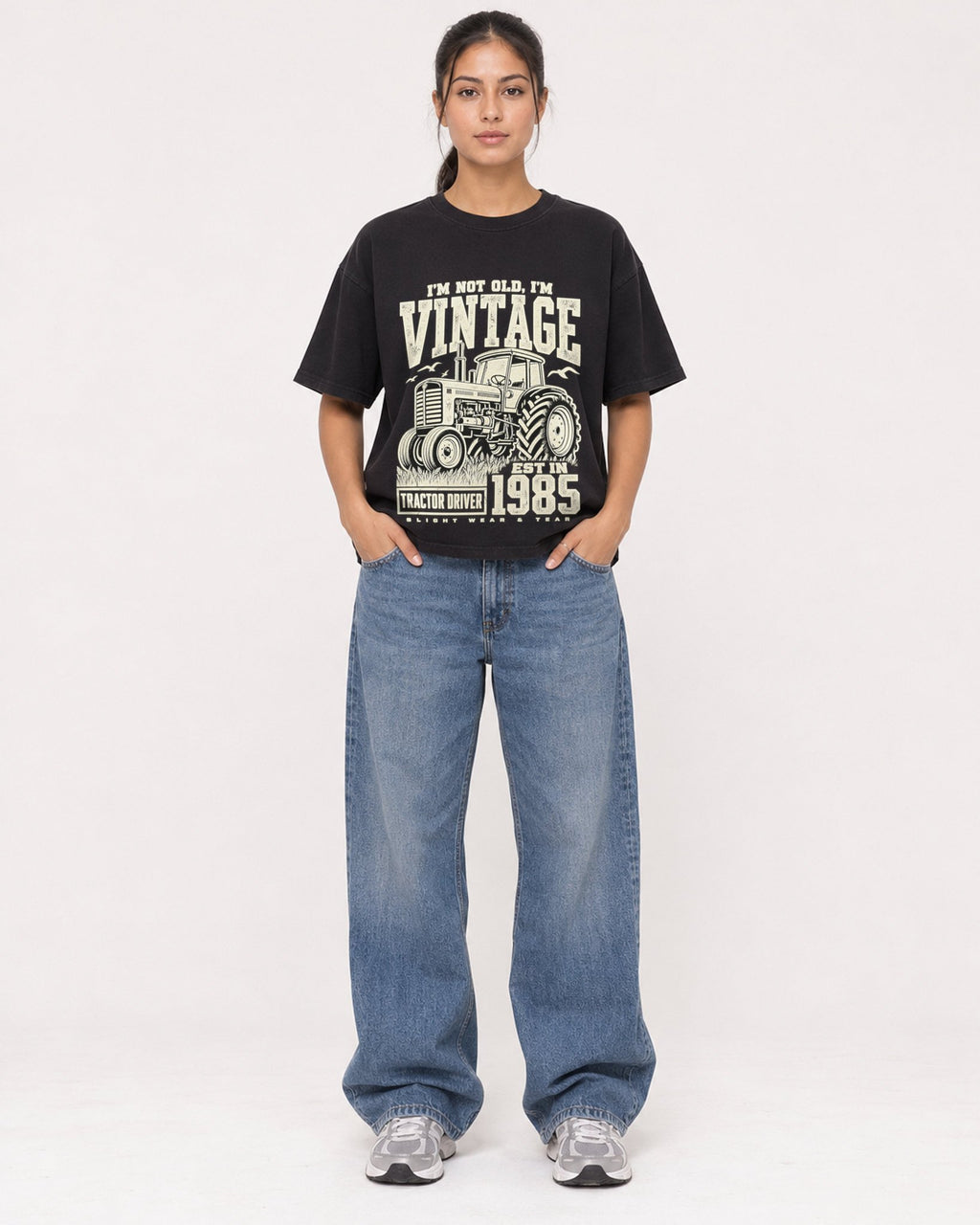 Mockup Boxy Heavyweight Tee Black female full-body 16