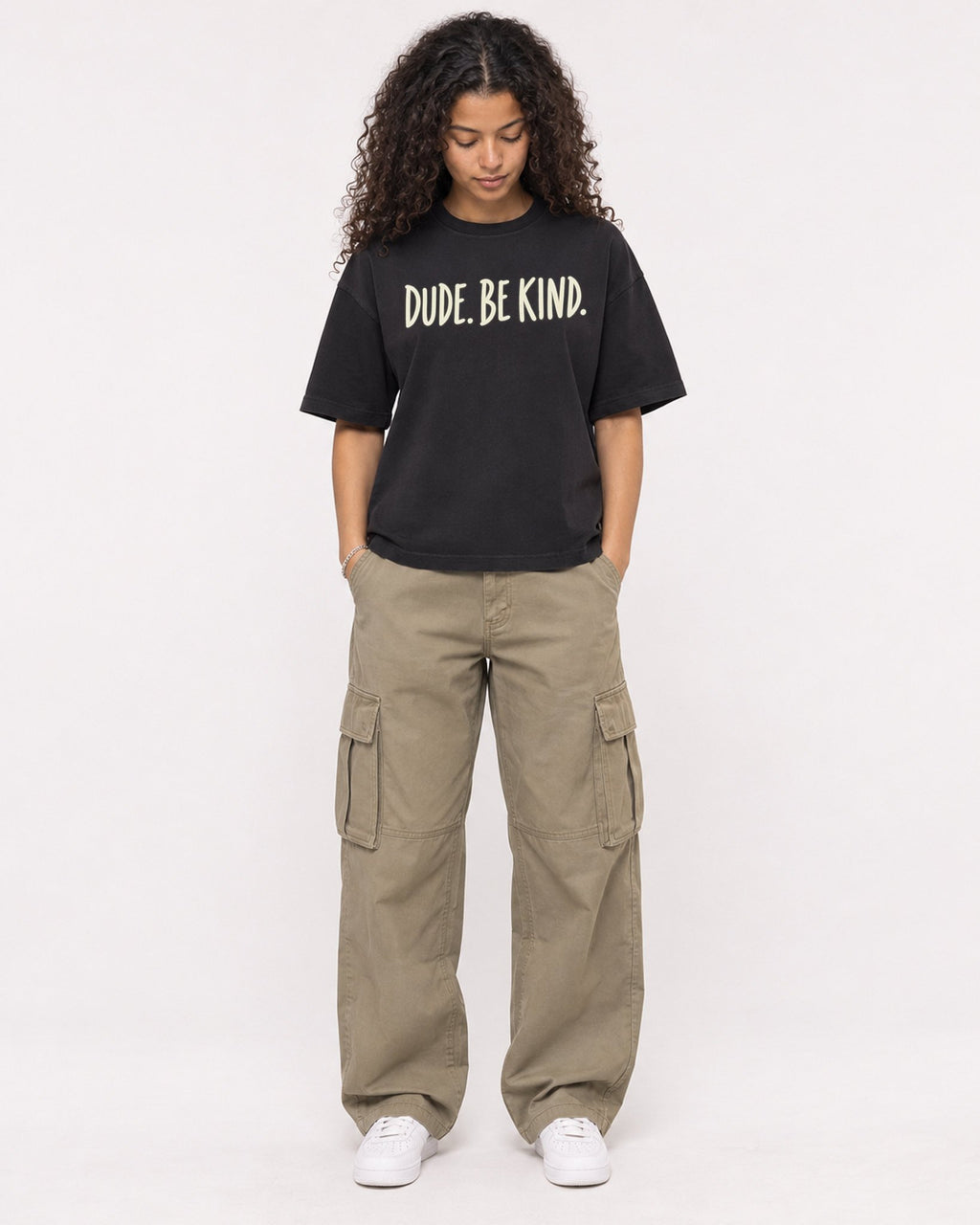 Mockup Boxy Heavyweight Tee Black female full-body 10