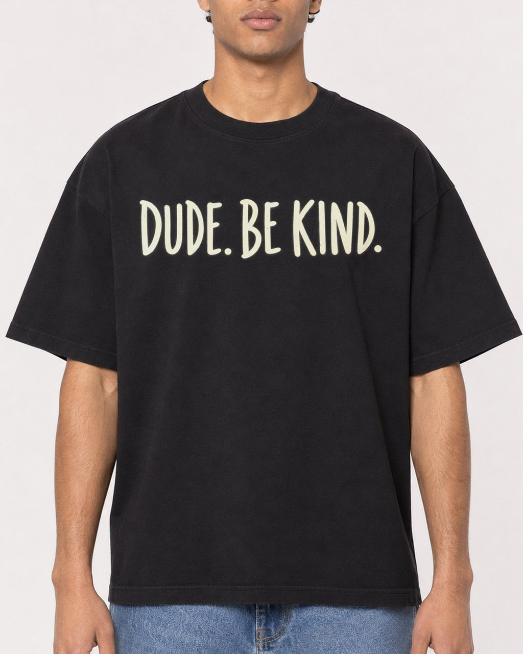 Mockup Boxy Heavyweight Tee Black male close-up 10