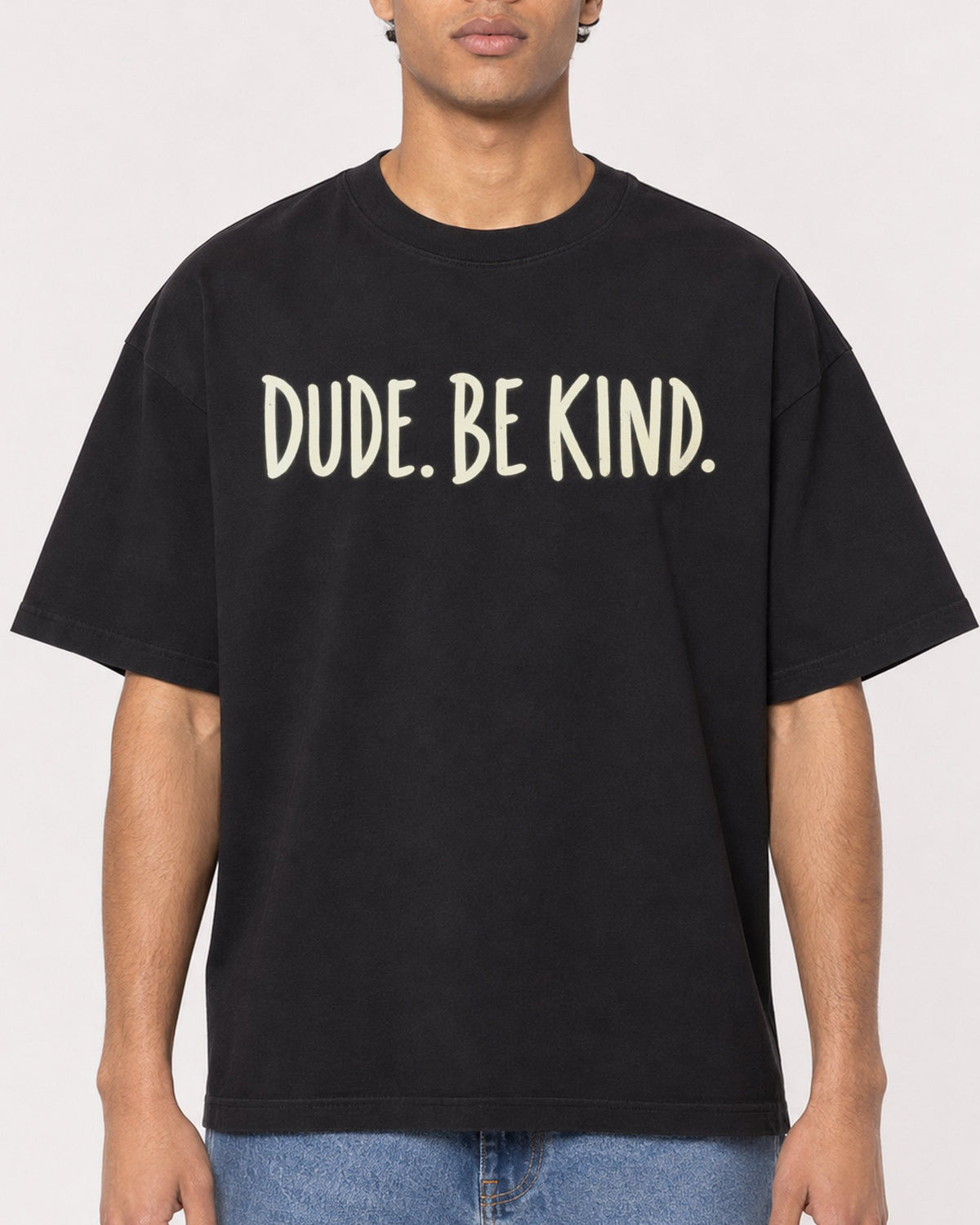 Mockup Boxy Heavyweight Tee Black male close-up 10