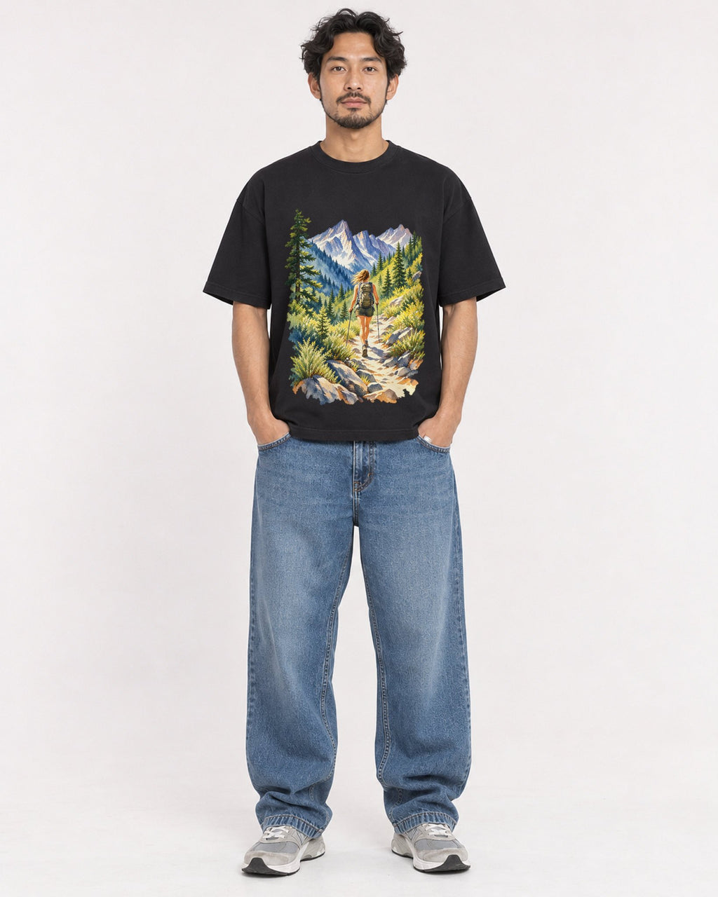 Mockup Boxy Heavyweight Tee Black male full-body 02