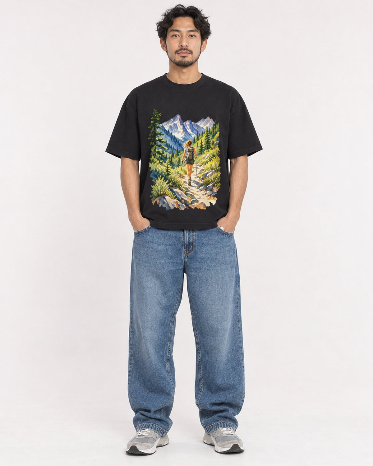 Mockup Boxy Heavyweight Tee Black male full-body 02