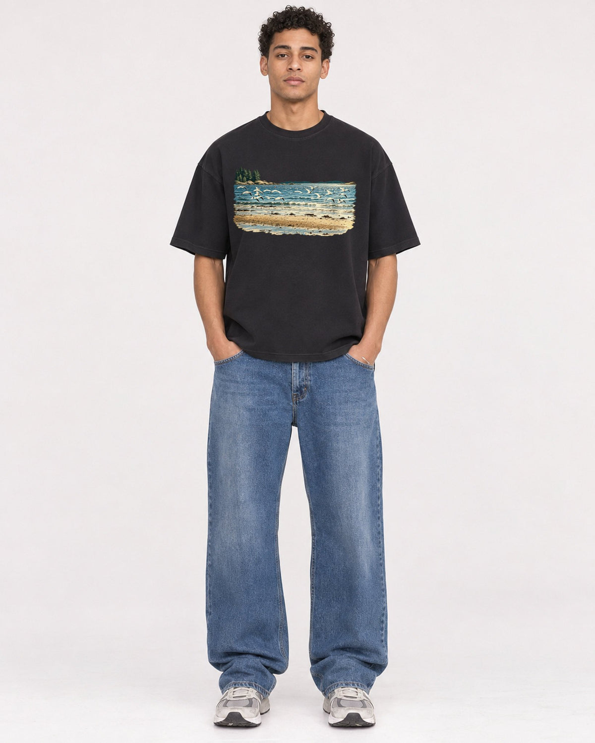 Mockup Boxy Heavyweight Tee Black male full-body 10