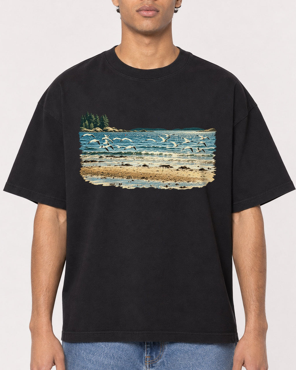 Mockup Boxy Heavyweight Tee Black male close-up 10