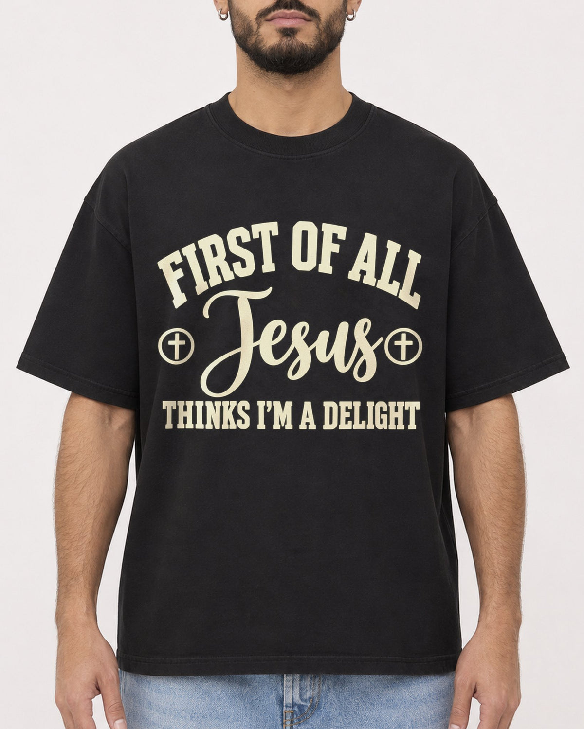Mockup Boxy Heavyweight Tee Black male close-up 37