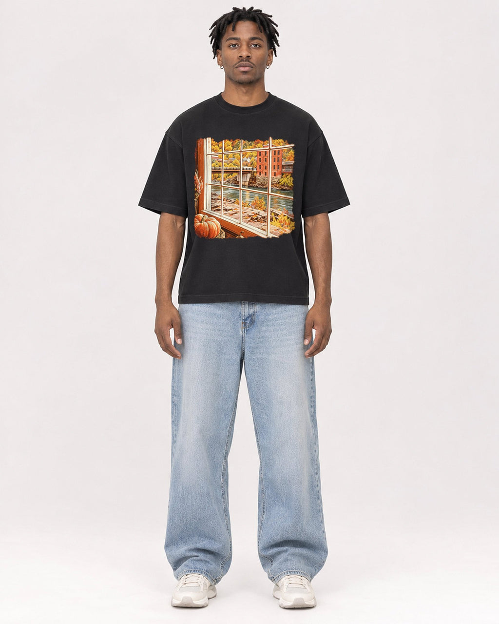 Mockup Boxy Heavyweight Tee Black male full-body 05