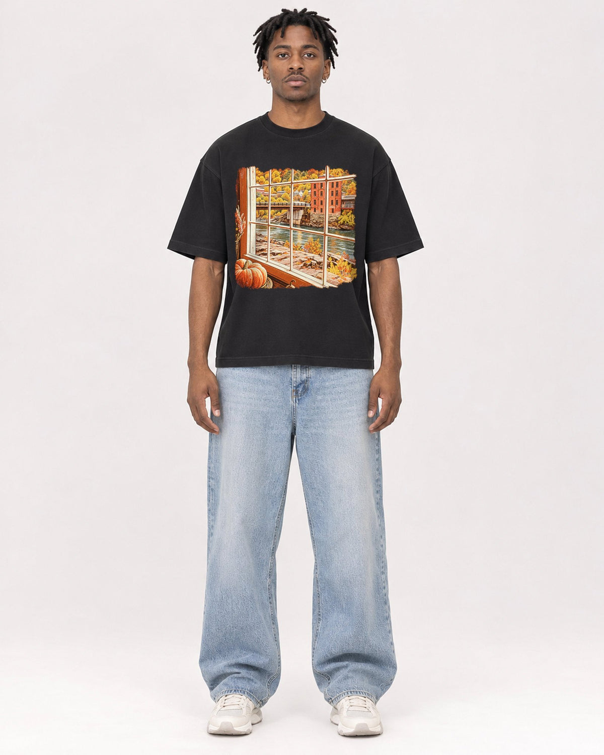 Mockup Boxy Heavyweight Tee Black male full-body 05