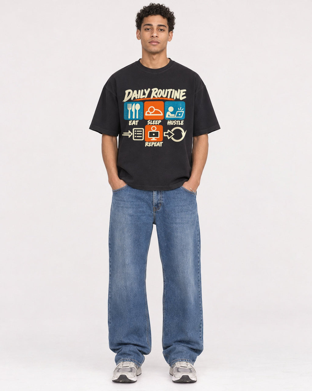Mockup Boxy Heavyweight Tee Black male full-body 10