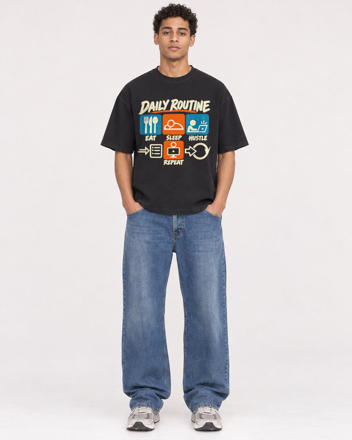 Mockup Boxy Heavyweight Tee Black male full-body 10