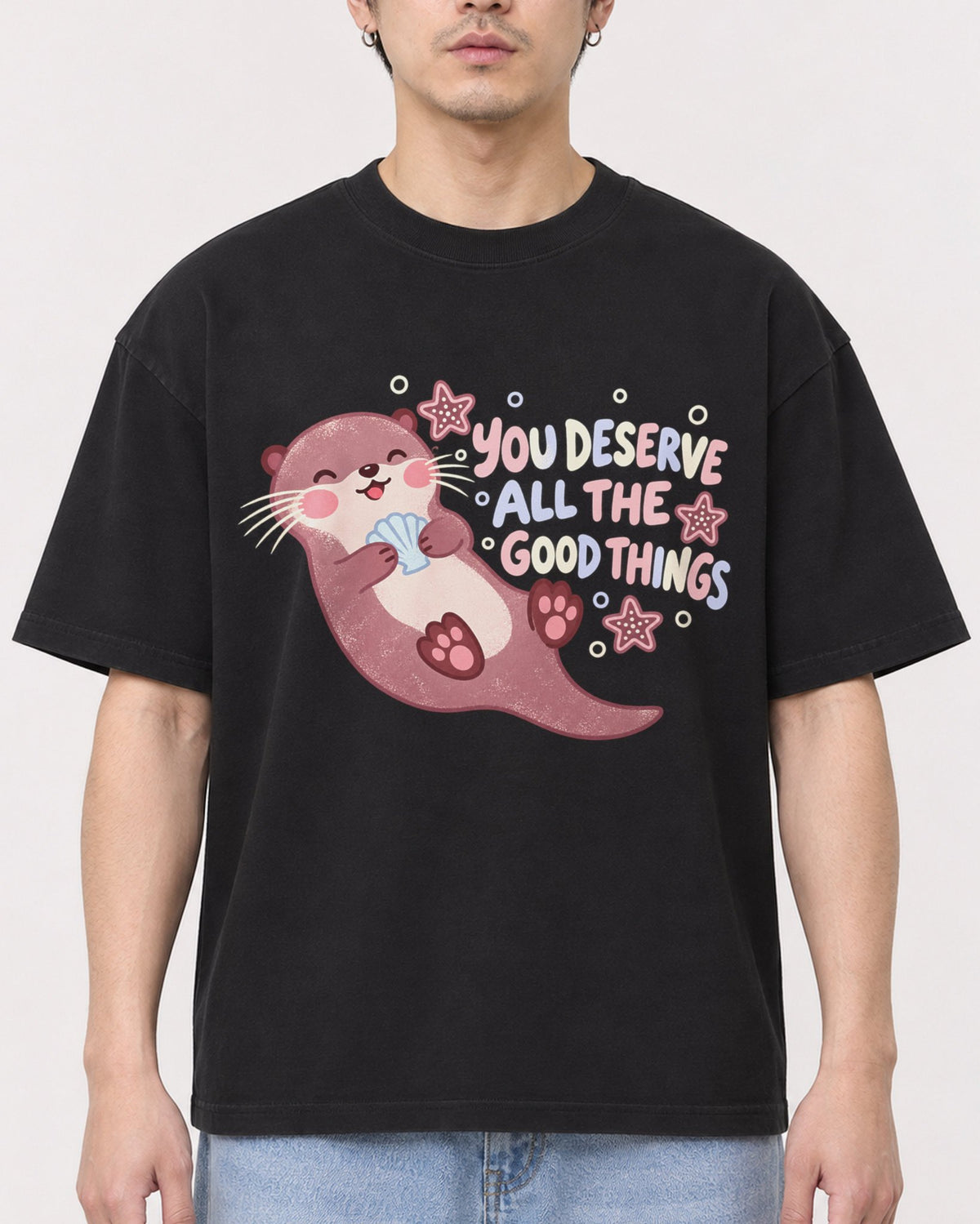 Mockup Boxy Heavyweight Tee Black male close-up 13