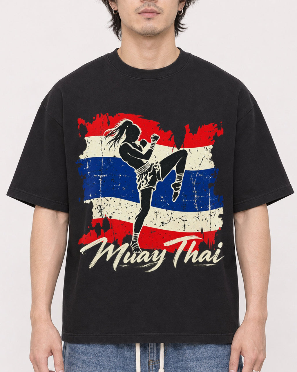 Mockup Boxy Heavyweight Tee Black male close-up 03