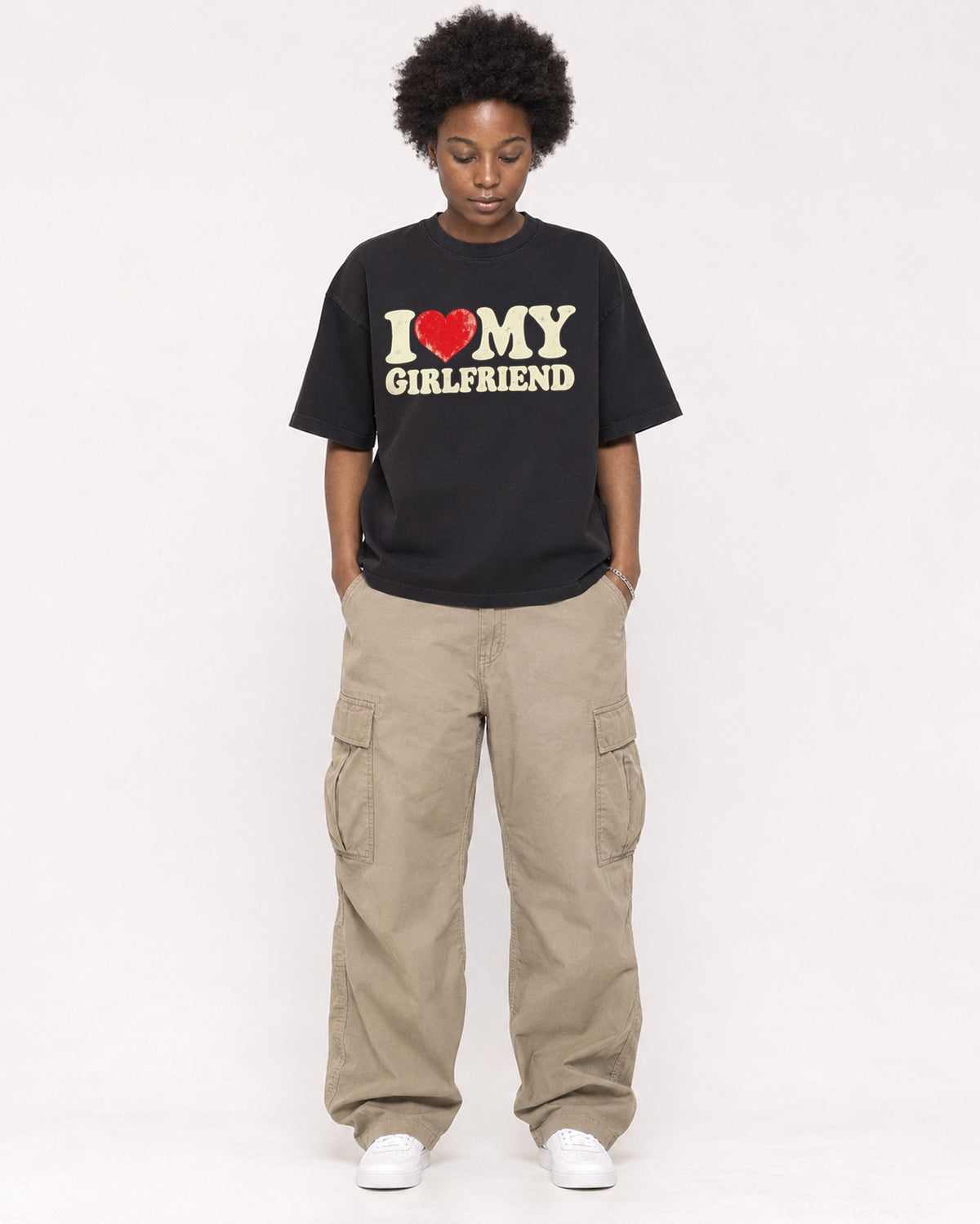 Mockup Boxy Heavyweight Tee Black female full-body 14