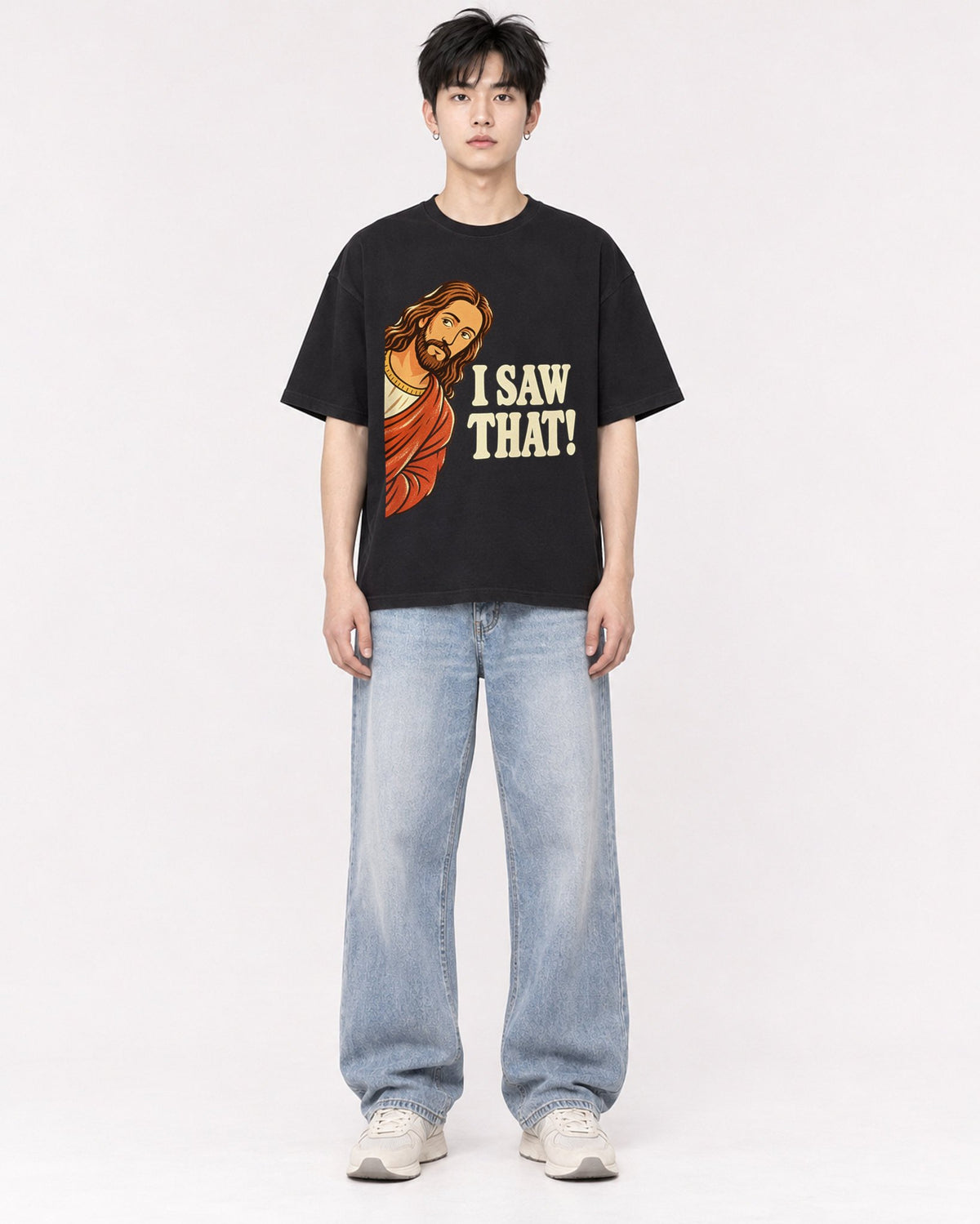 Mockup Boxy Heavyweight Tee Black male full-body 01