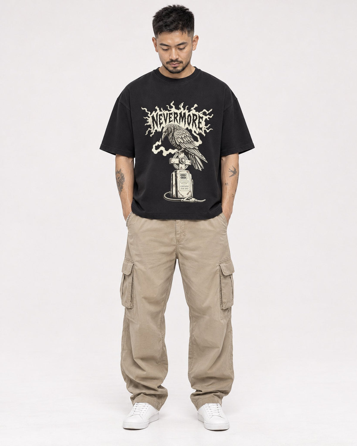 Mockup Boxy Heavyweight Tee Black male full-body 12