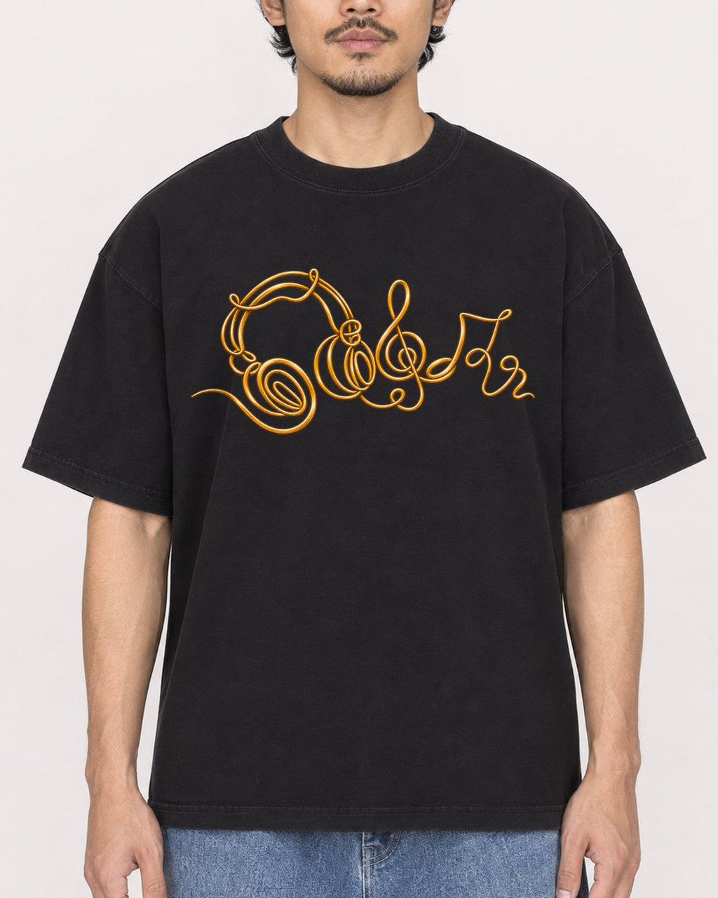 Mockup Boxy Heavyweight Tee Black male close-up 02