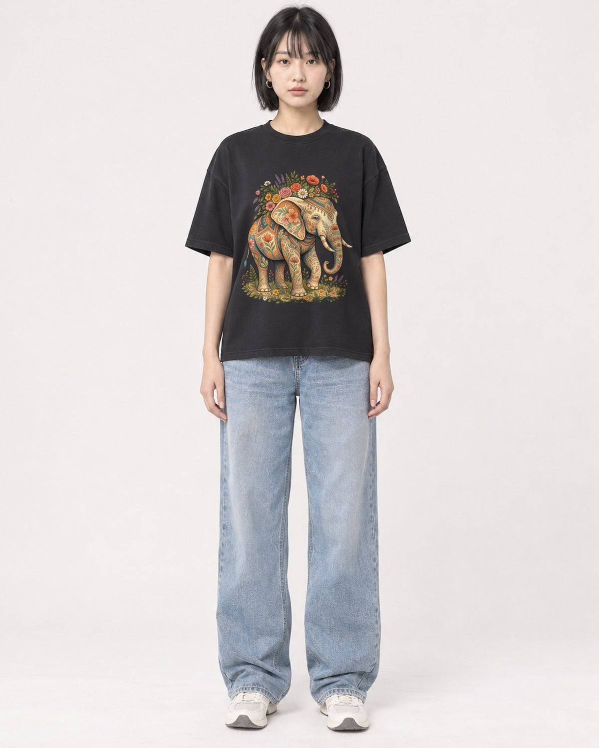 Mockup Boxy Heavyweight Tee Black female full-body 11