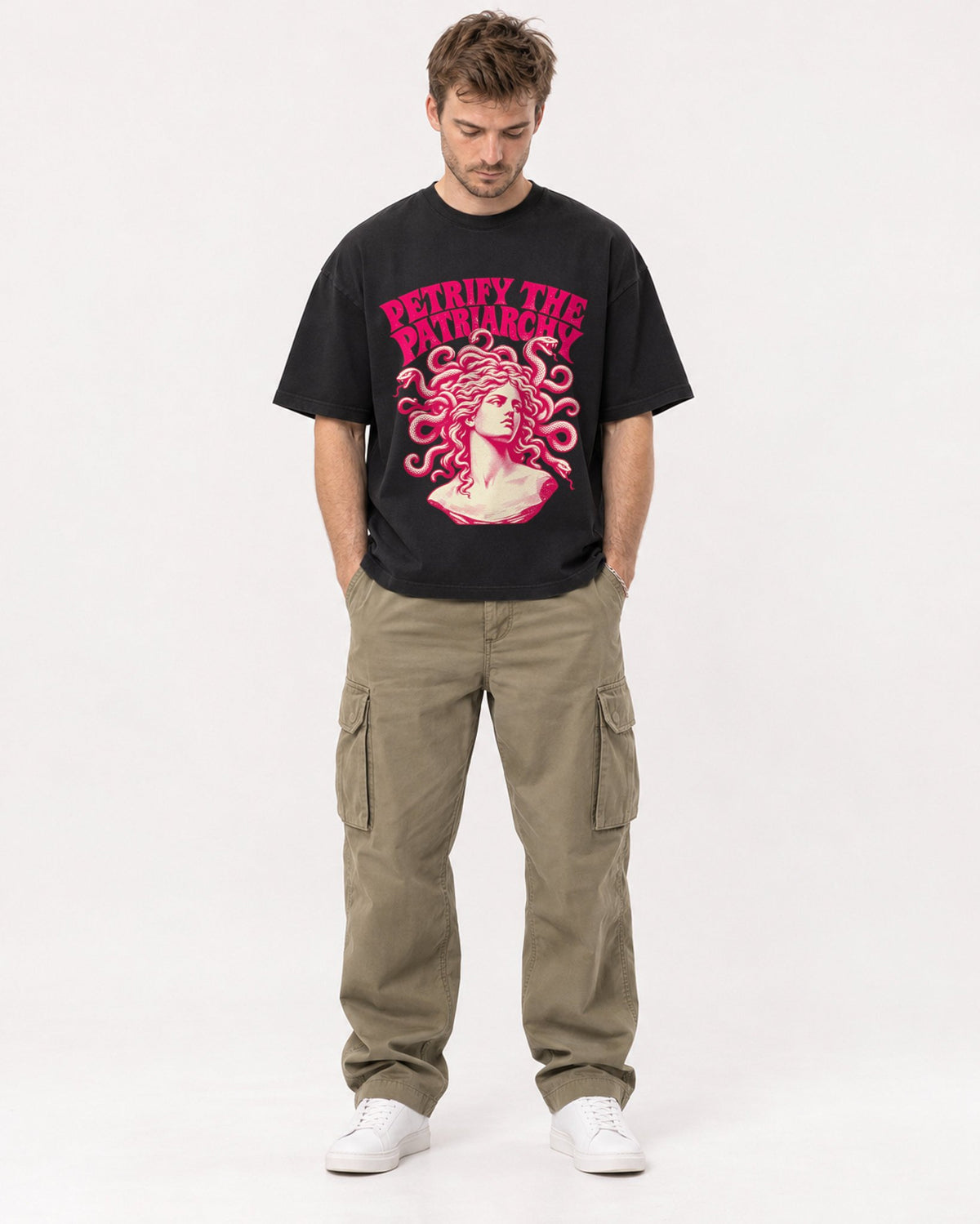 Mockup Boxy Heavyweight Tee Black male full-body 08