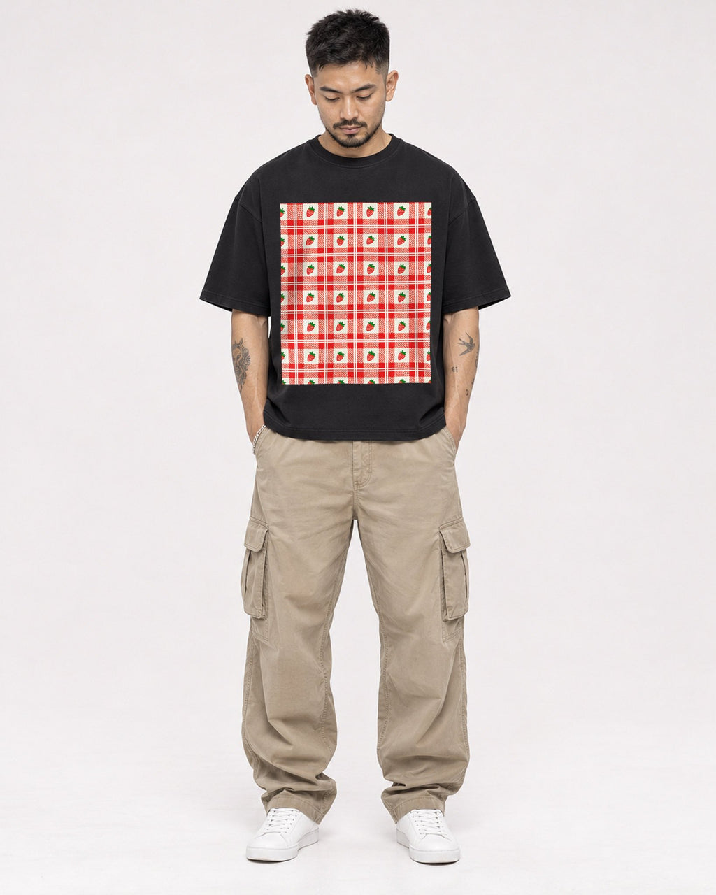 Mockup Boxy Heavyweight Tee Black male full-body 12