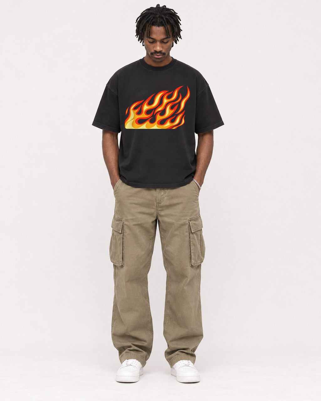 Mockup Boxy Heavyweight Tee Black male full-body 04