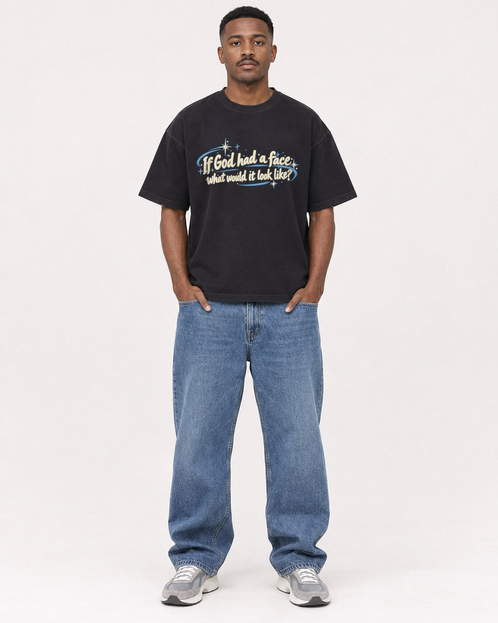 Mockup Boxy Heavyweight Tee Black male full-body 14