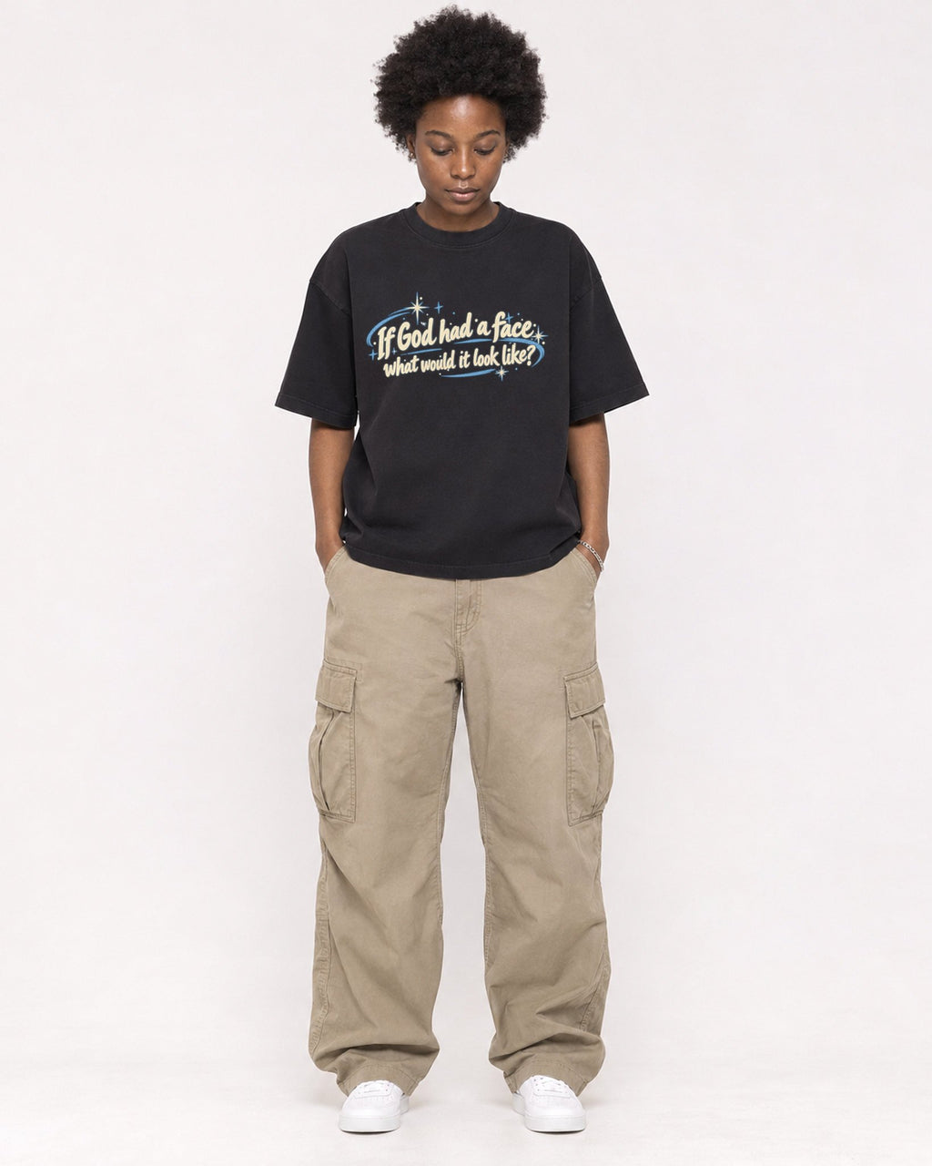 Mockup Boxy Heavyweight Tee Black female full-body 14