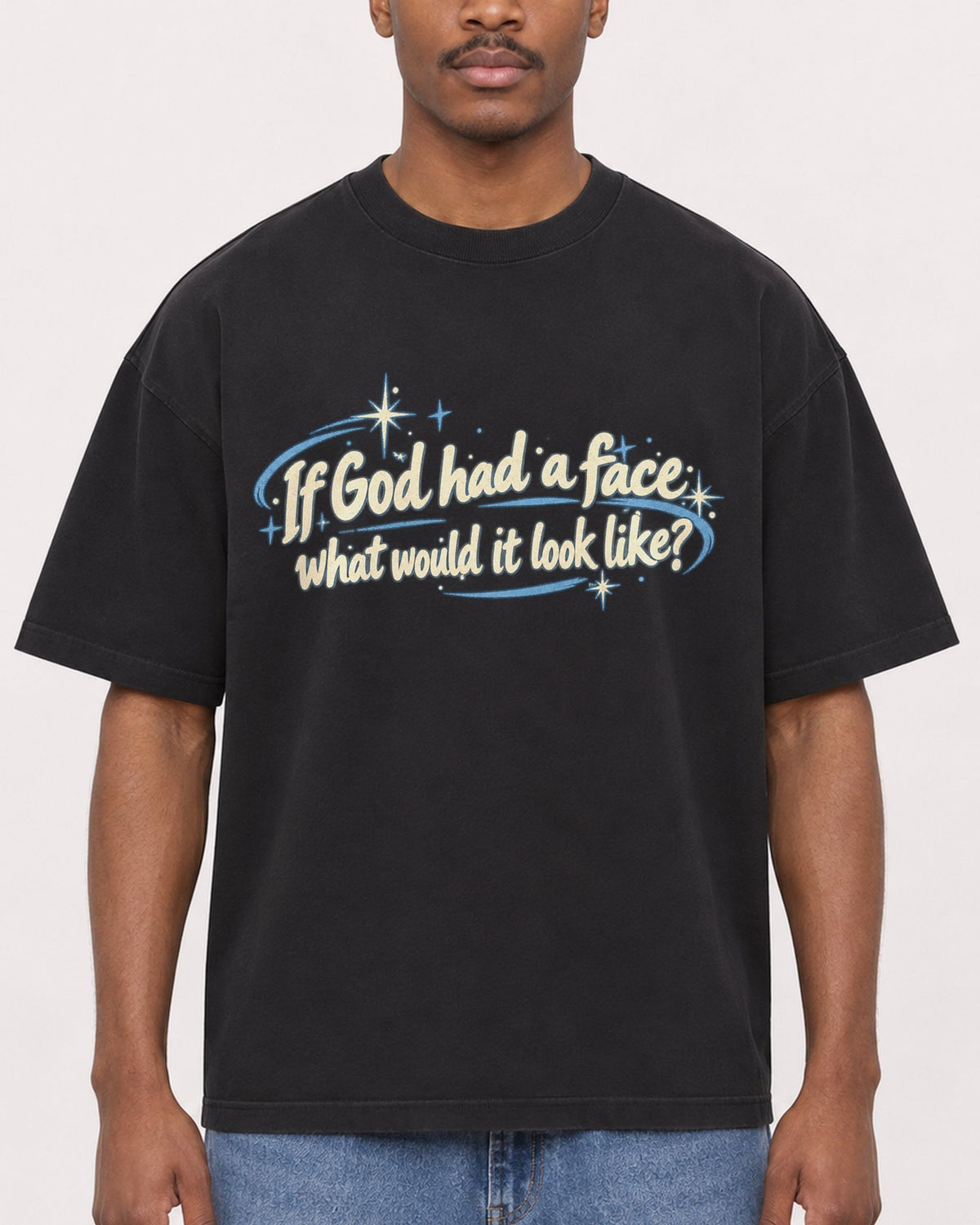 Mockup Boxy Heavyweight Tee Black male close-up 14