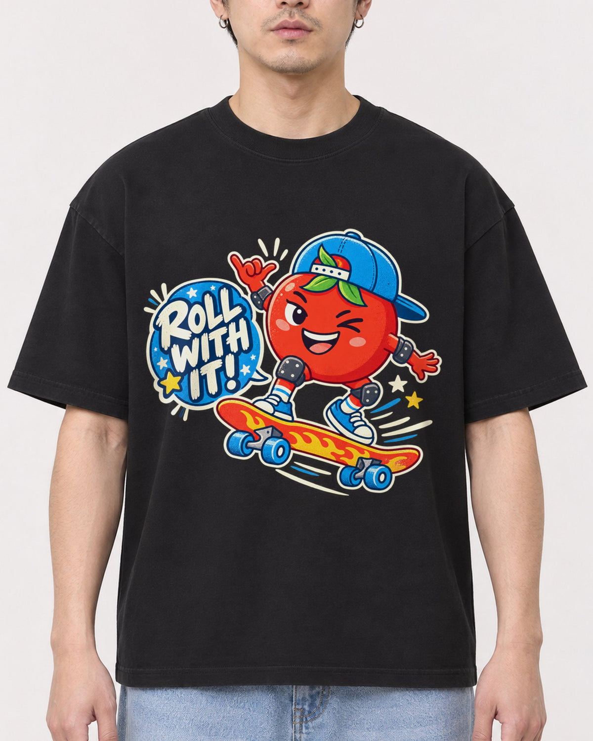 Mockup Boxy Heavyweight Tee Black male close-up 13