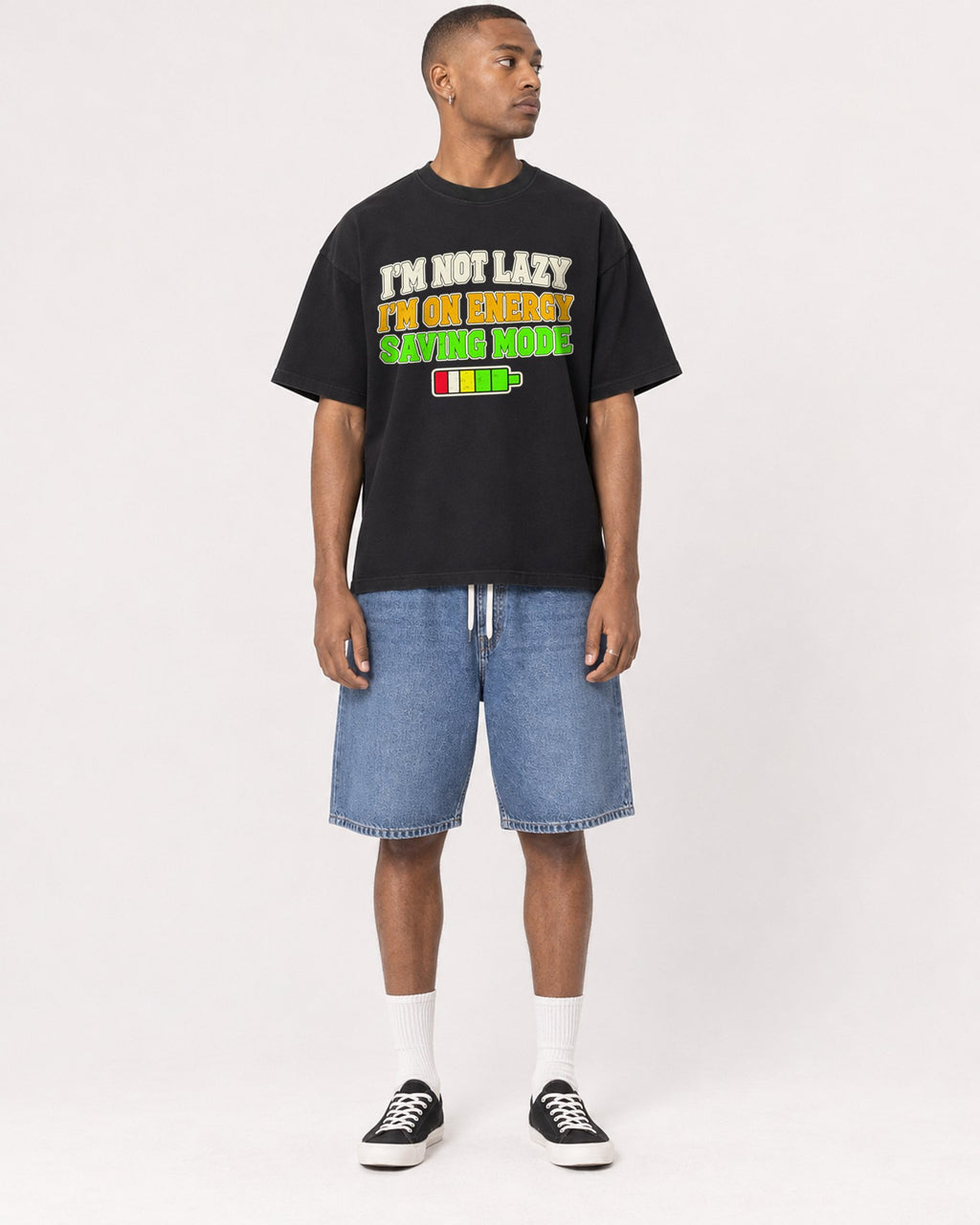 Mockup Boxy Heavyweight Tee Black male full-body 35