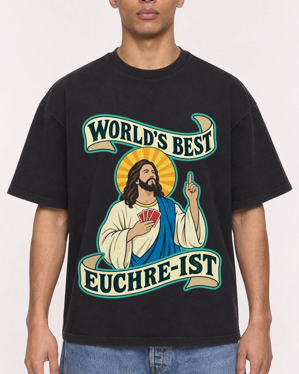Mockup Boxy Heavyweight Tee Black male close-up 50