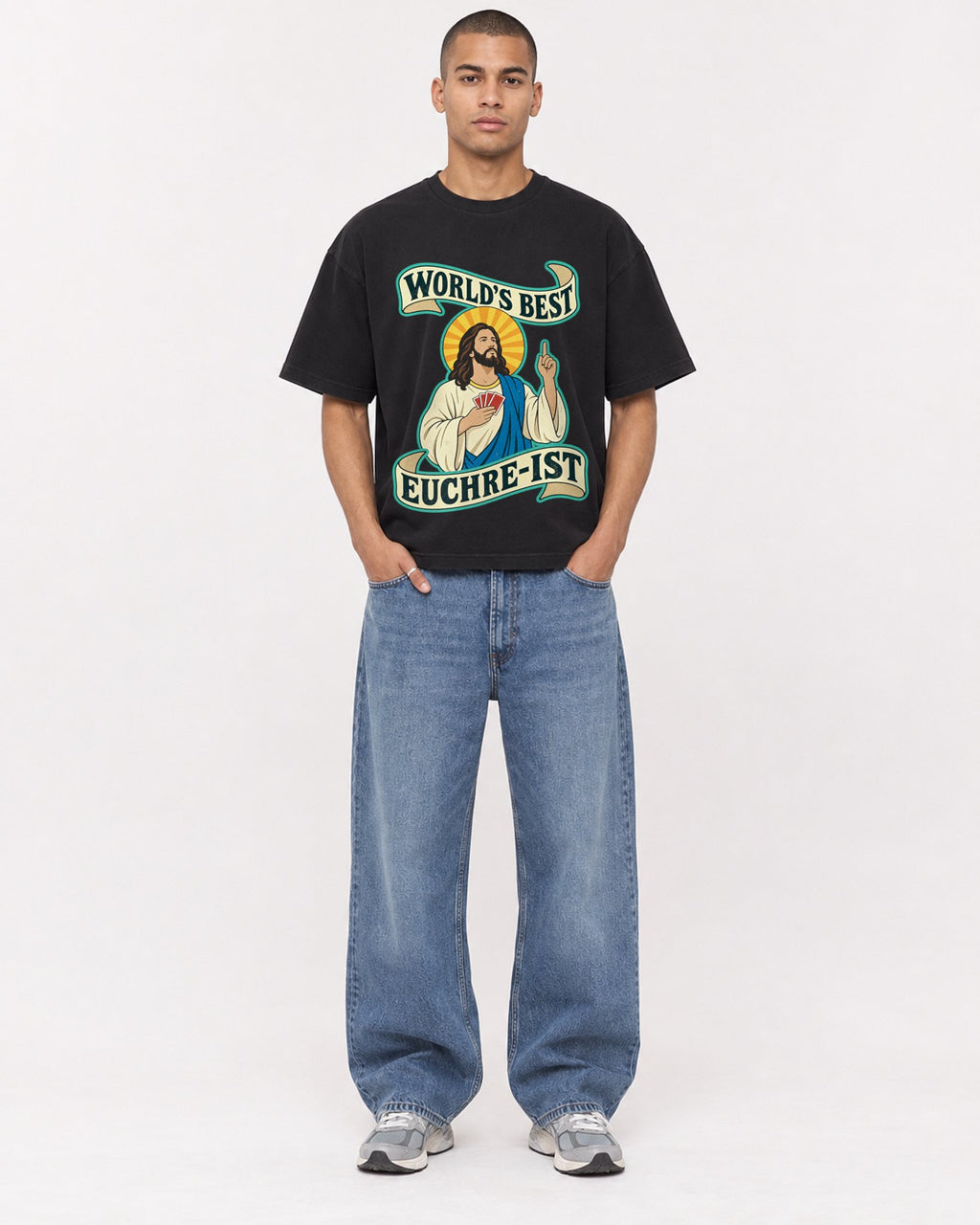 Mockup Boxy Heavyweight Tee Black male full-body 50