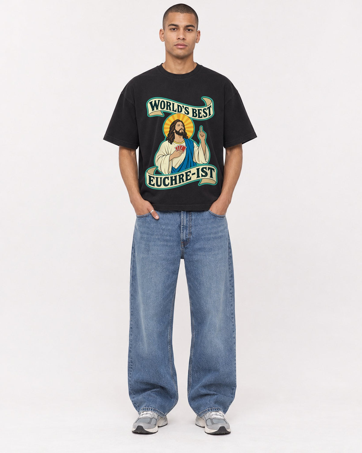 Mockup Boxy Heavyweight Tee Black male full-body 50